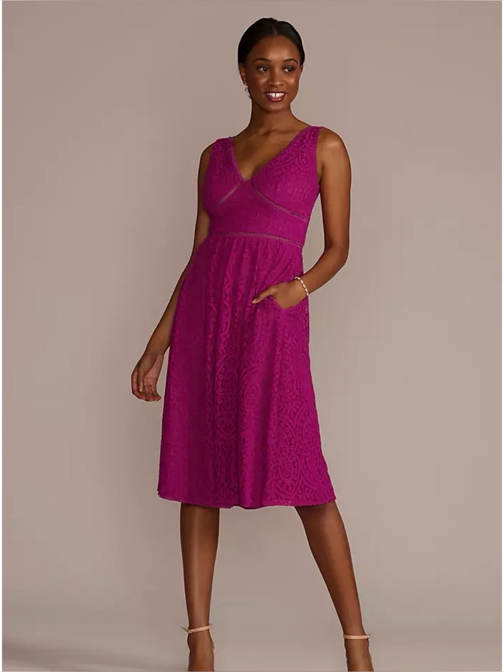 David's Bridal Fuchsia Lace Midi Dress